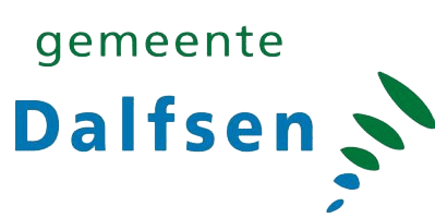 Gemeentenaam Dalfsen met groene en blauwe grafische elementen die een bladmotief vormen.