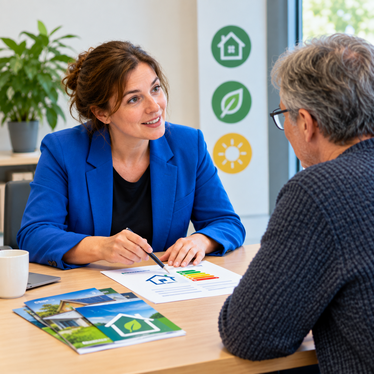 Adviesgesprek over energiebesparing tussen medewerker gemeente en bewoner in bibliotheek Hasselt.