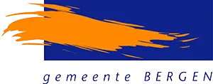 Logo van gemeente Bergen (NH.) met oranje penseelstreek en blauwe achtergrond.