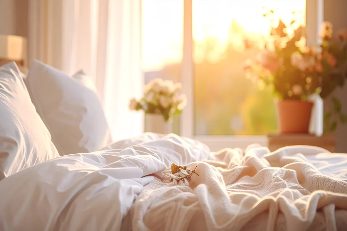 Zonlicht dat via een raam een slaapkamer verwarmt met een bed en bloemen op de achtergrond.